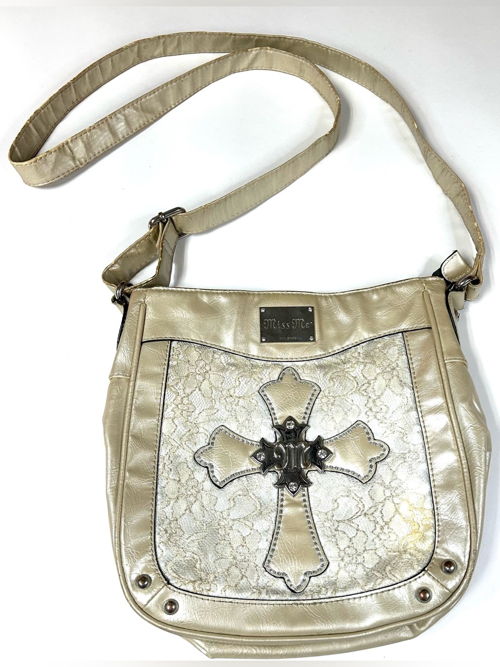 Y2K Miss Me Women’s Crossbody Bag Metallic Beige Gold Lace Bling #4162